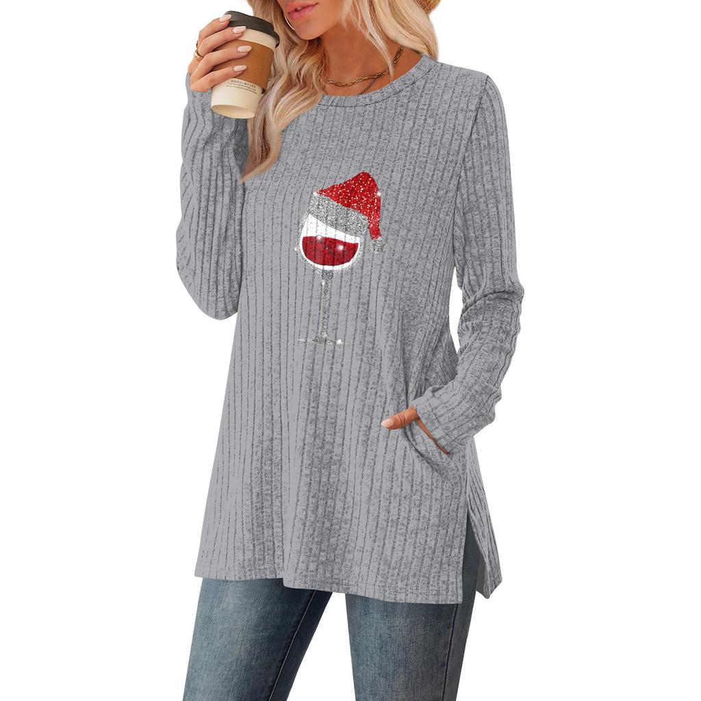 Women's Gradient Printed Round-neck Long-sleeved Top With Pockets And Side Slits