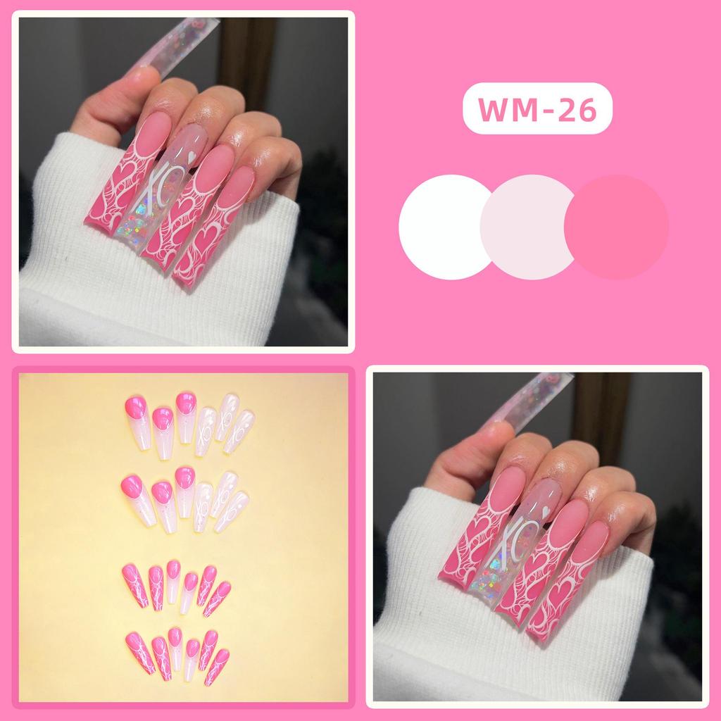 Różowe Serce Gwiezdne Długie Sztuczne Paznokcie - Naklejki Artystyczne do Noszenia, 24 Sztuki