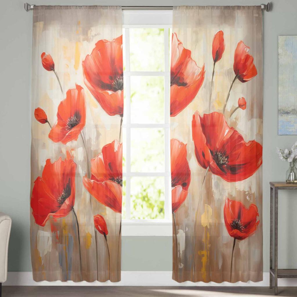 Spring Watercolor Hand-Painted Poppy Plant Tulle Window Curtains for Bedroom Luxury Home Drapes In Living Room Chiffon Panels