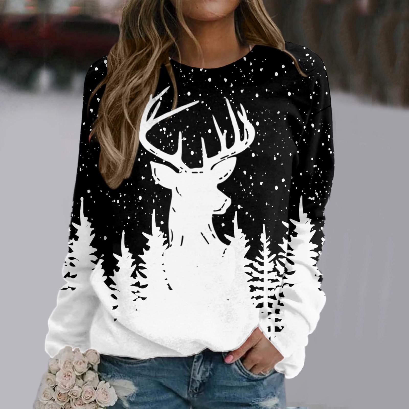 

Женская повседневная рождественская печатная толстовка, уличные спортивные костюмы, снежный рождественский олень, длинный рукав, блузка с принтом O-образного выреза M