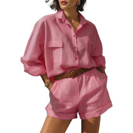 

Женские летние комплекты из 2 предметов: рубашки с длинным рукавом на пуговицах и шорты, повседневные комплекты для отпуска и отдыха M розовый