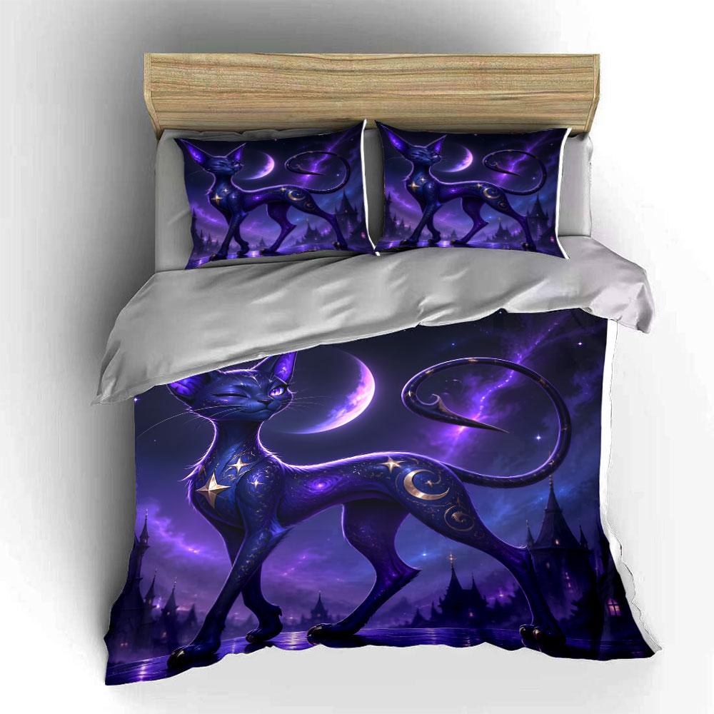 Enchanted Purple Cat In Moonlit Night Print Bedding Set 1 Duvet Cover 2 Pillowcases for Adult and Children Luxury Gift