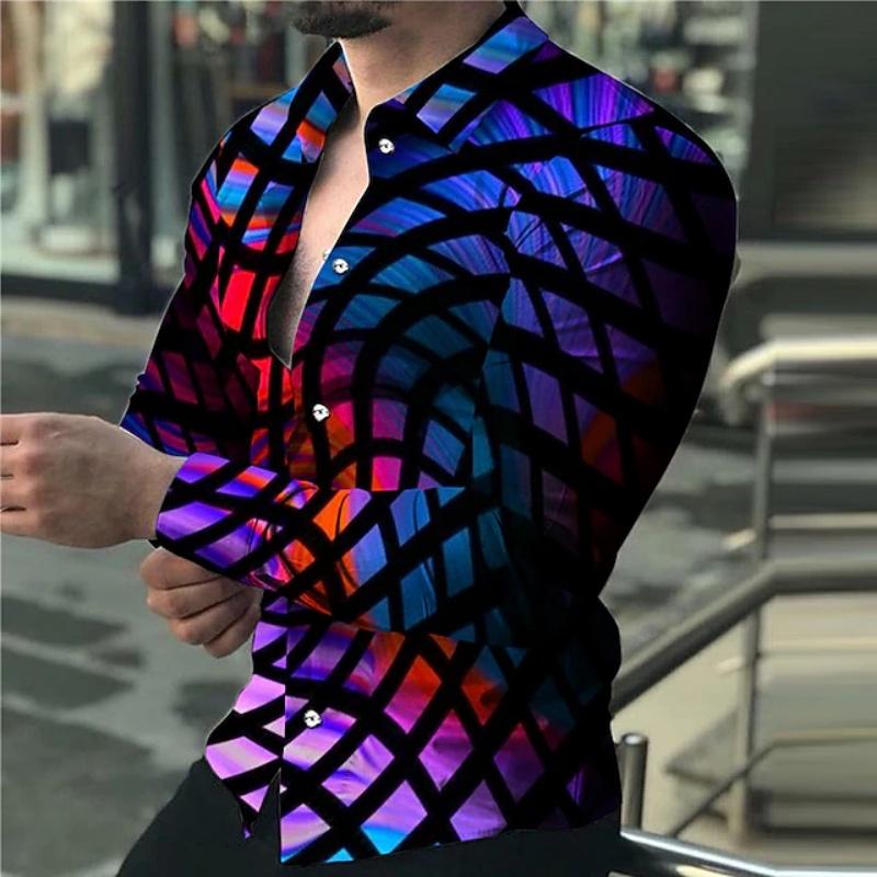 Men's Colorful Geometric Grid Long Sleeve Shirt with 3D Digital Printing Flip Collar, Party Trendy Men's Top
