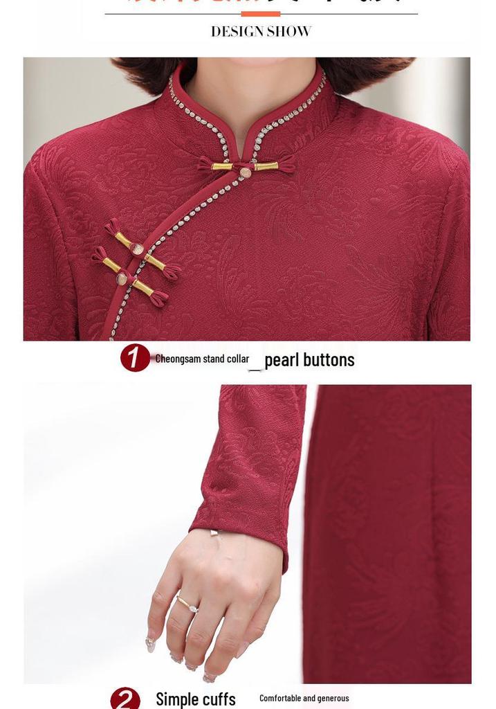 Mom's Autumn Qipao: Elegant Long-Sleeved Dress for Wedding and Banquet