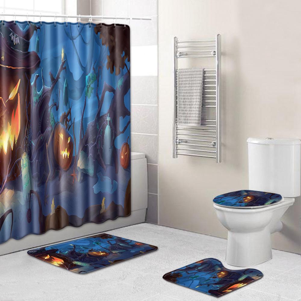 Halloween Shower Curtain Floor Mat Combination Four-Piece Set Bathroom Toilet Carpet Shower Room Foot Mat