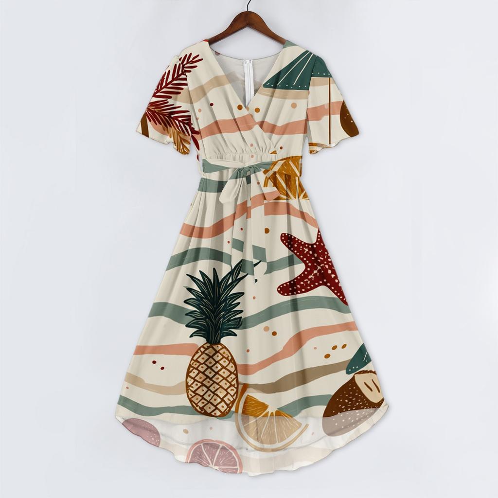Women V Neck Short Sleeve Casual Dress Hawaiian Print Midi Length Summer Beach Dress with Flowing Skirt