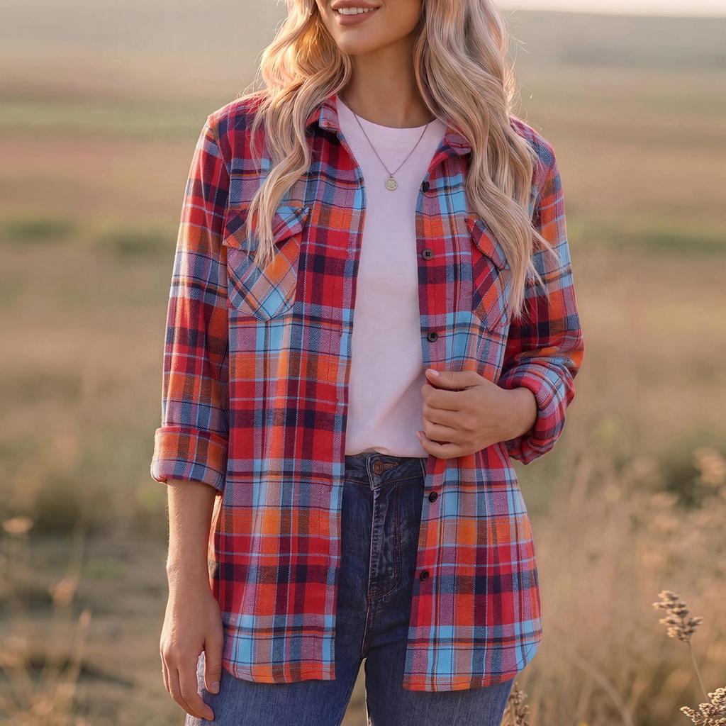 Women's Casual Plaid Long Sleeve Shirt Jacket with Lapel Collar for Everyday Wear