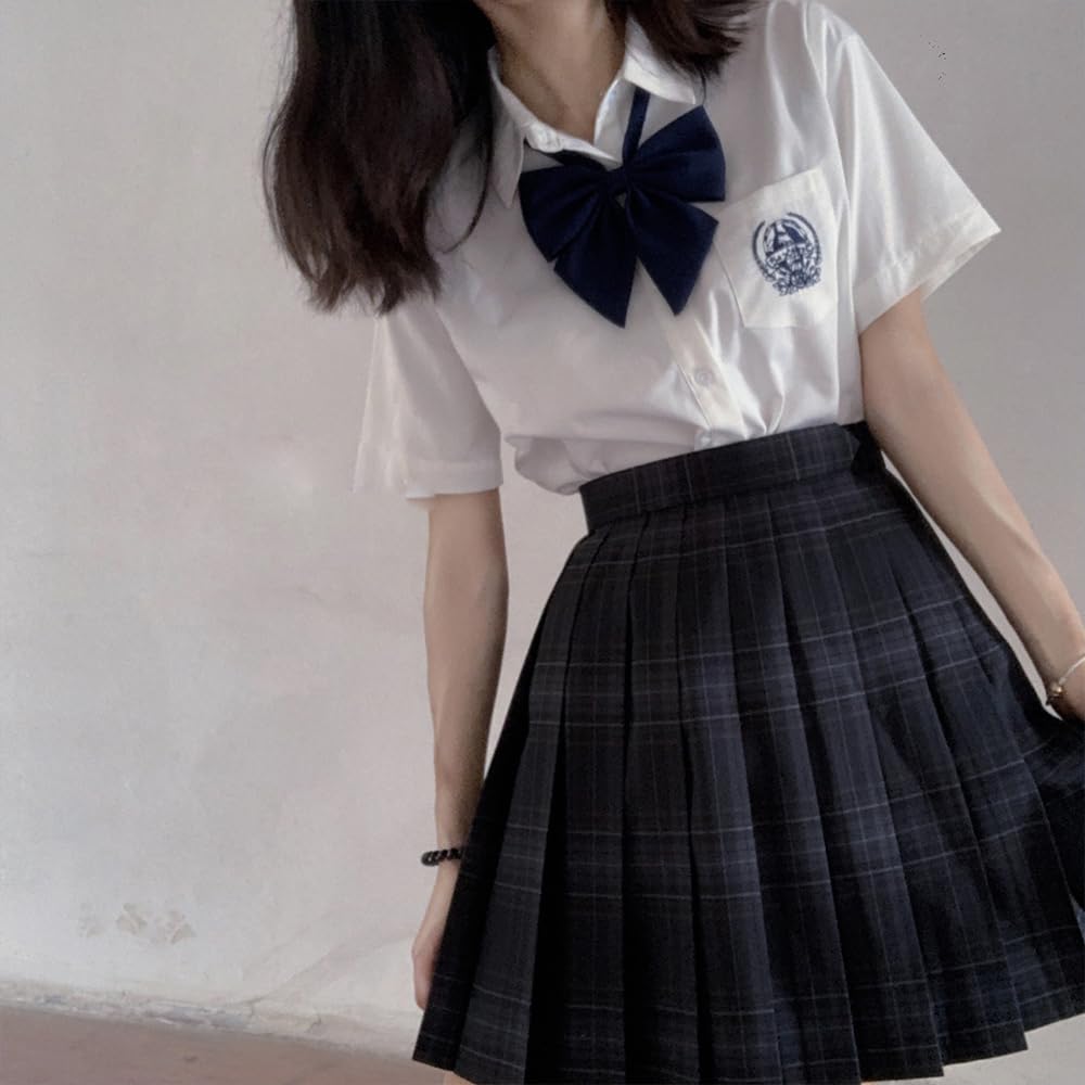 GEAHOL School Uniform Skirt 3-Piece Set Girls High Waist Pleated Check Pattern with Bow Tie Tie Adjustable Waist Machine Washable for School Festival