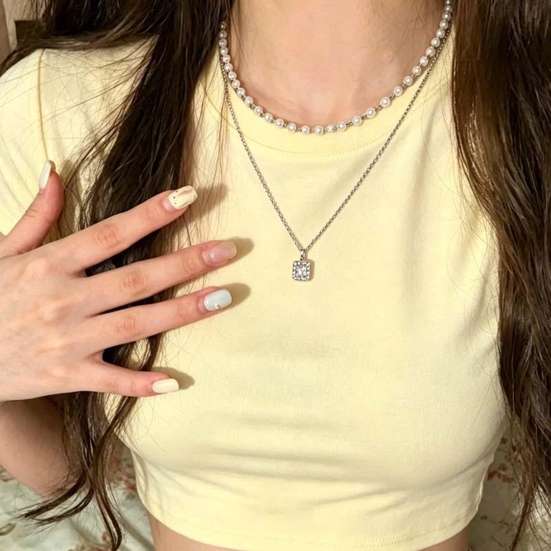 Summer Sweet Pearl Sugar Cube Necklace: Double Layer, Starry Pearl Luxury Clavicle Chain