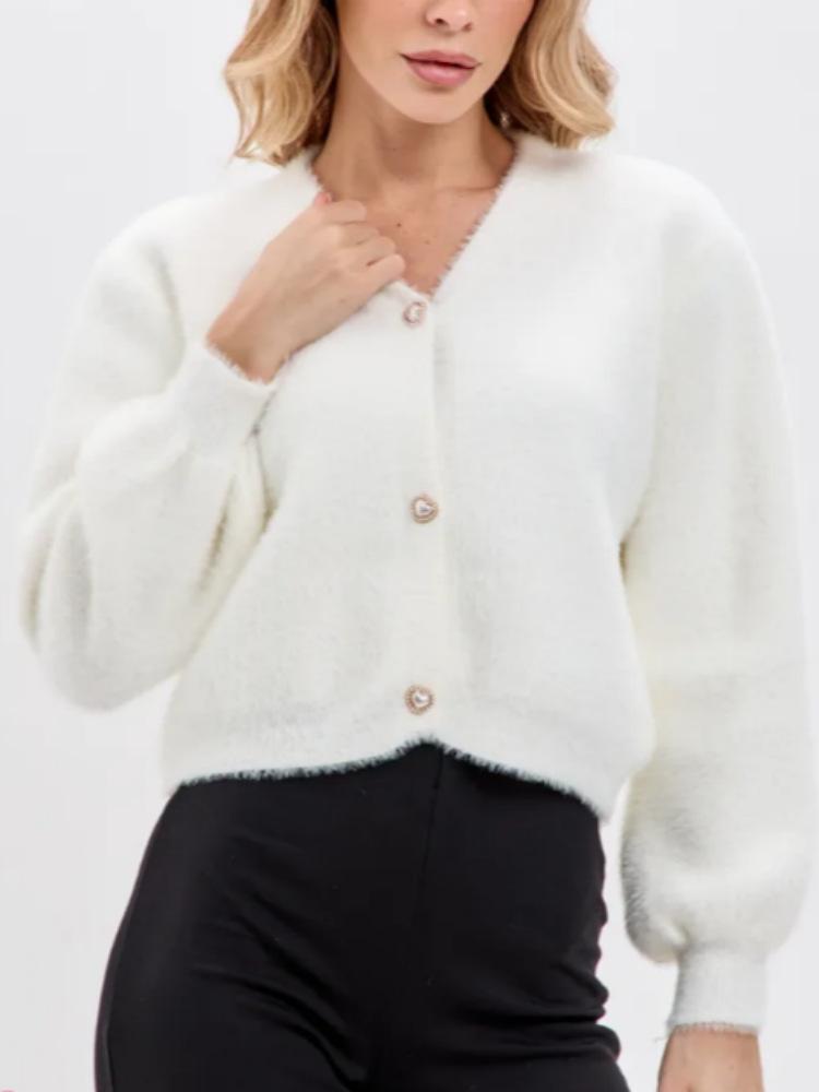Autumn sophisticated soft V-neck mink fleece short knit cardigan for women, versatile lazy sweater jacket