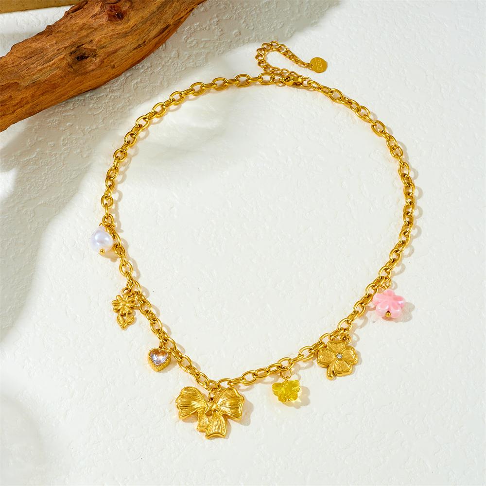 DIEYURO 316L Stainless Steel Golden Heart Flower Bowknot Pendant Necklace For Women New Fashion Bow Neck Chain Jewelry Gift