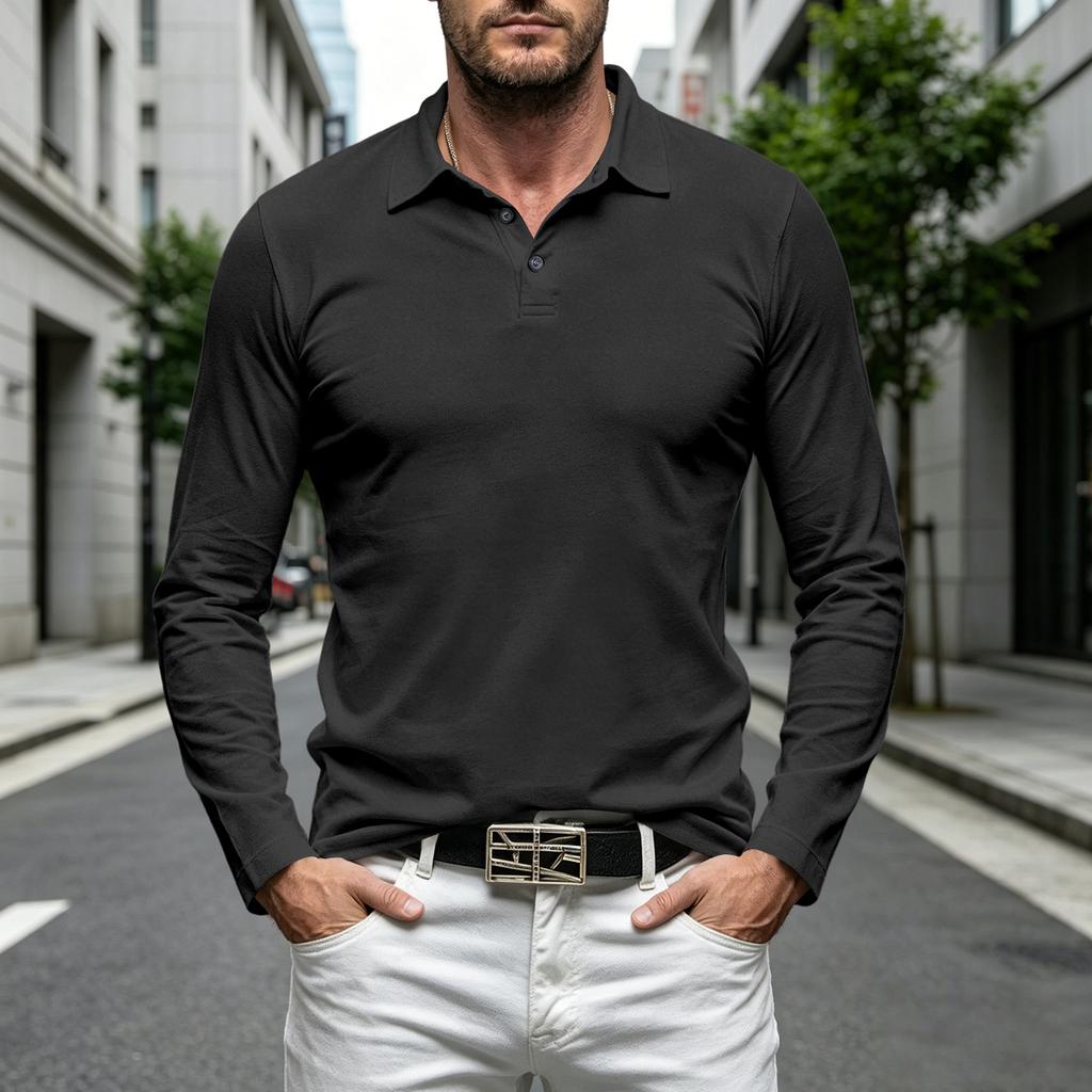 Men's Casual Loose Fit Long Sleeve Polo Shirt Button Collar Soft Fabric Comfortable Everyday Wear