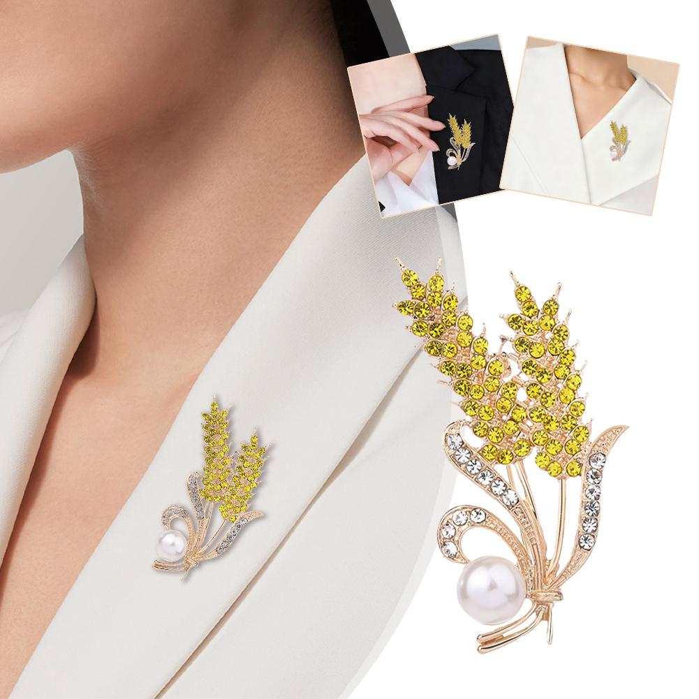 Fashion Rhinestone Wheat Ear Brooches For Women Unisex Enamel Pearl Flower Plant Badges Pins Jewelry Accessories Wheat Brooches