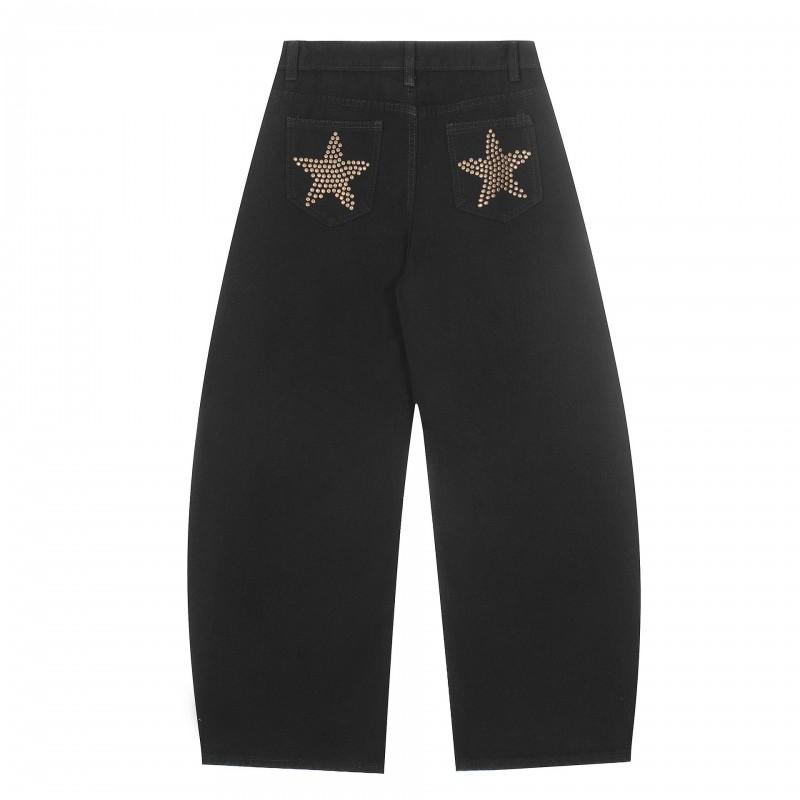 Unisex Streetwear Loose Fit Cotton Trousers With Star Detail - Black Coffee Color Straight Leg Casual Pants