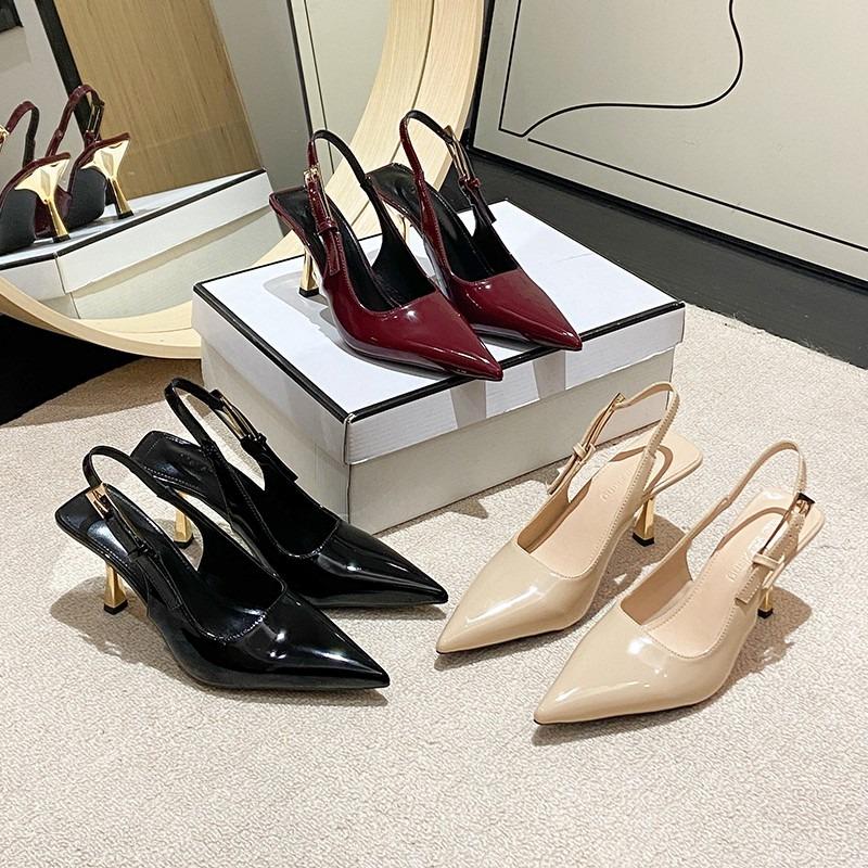 Fashion Women Sexy High Heels 2025 New Square Toe Stiletto Heel Black Patent Leather Sexy Outer Wear Back Strap Fashion Sandals Autumn