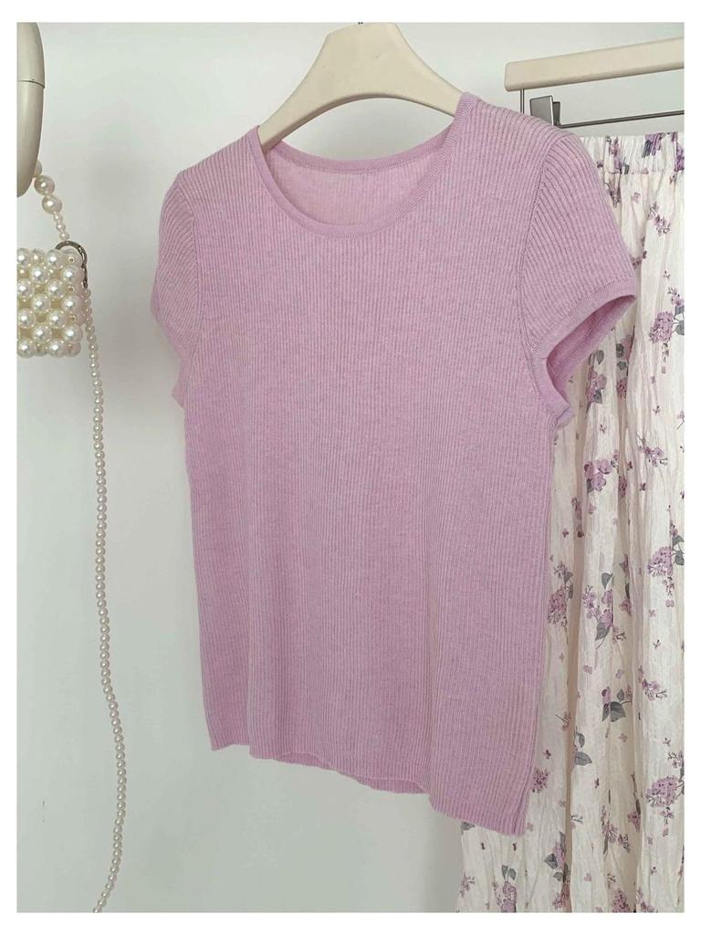 Purple Floral Knit Two-Piece: Short Sleeve Top & Elastic Long Skirt (Summer 2026 Collection)