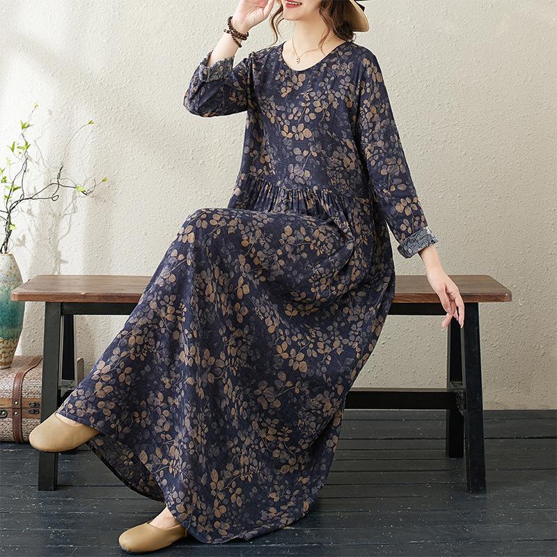 Autumn Literary Plus Size Loose Print Round Neck Long Sleeved Dress for Women Dresses