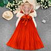 Elegant Beaded Embroidery Oversize Pleated Dress Women Summer Gradient Pink Green V Neck Ruffle Belt High Elastic Midi Dress