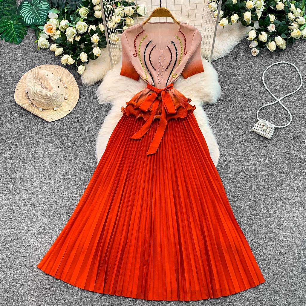 Elegant Beaded Embroidery Oversize Pleated Dress Women Summer Gradient Pink Green V Neck Ruffle Belt High Elastic Midi Dress