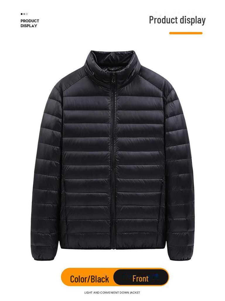 Men's Lightweight Hooded Down Jacket - Short Stand-Up Collar, Casual and Warm for Winter
