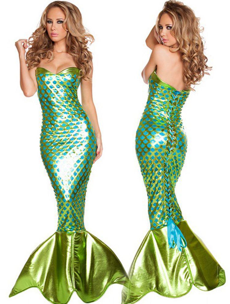 Abito da Sera da Sirenetta Principessa Senza Spalline con Paillettes per Adulti - Costume di Halloween