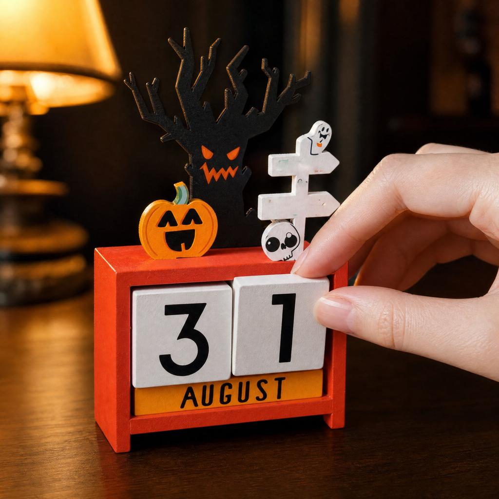 Halloween Wooden Calendar with Pumpkin Lights - Tabletop Decor for Seasonal Store