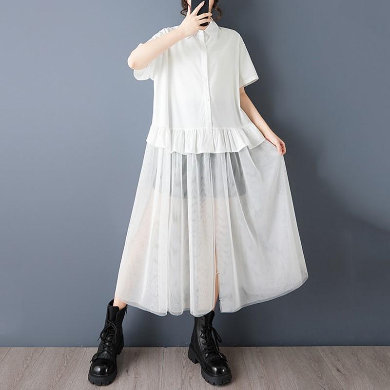 short sleeve Plus size cotton mesh vintage patchwork new in dresses for women casual loose long summer Shirt dress