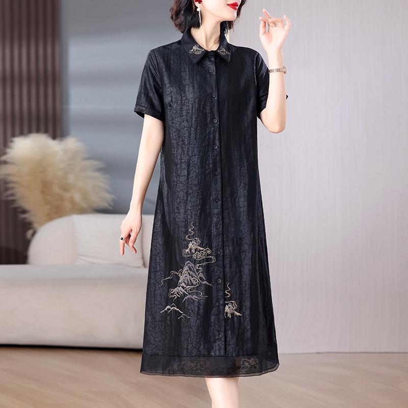 Plus Size Tummy Concealing Xiangyun Silk Dress with Cracked Pattern and New Chinese Style Cardigan