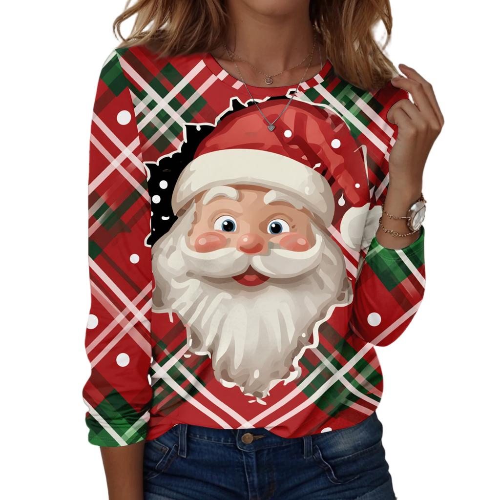 Damenmode Weihnachten Print Hals Langarm Pullover Top für Feiertagskleidung