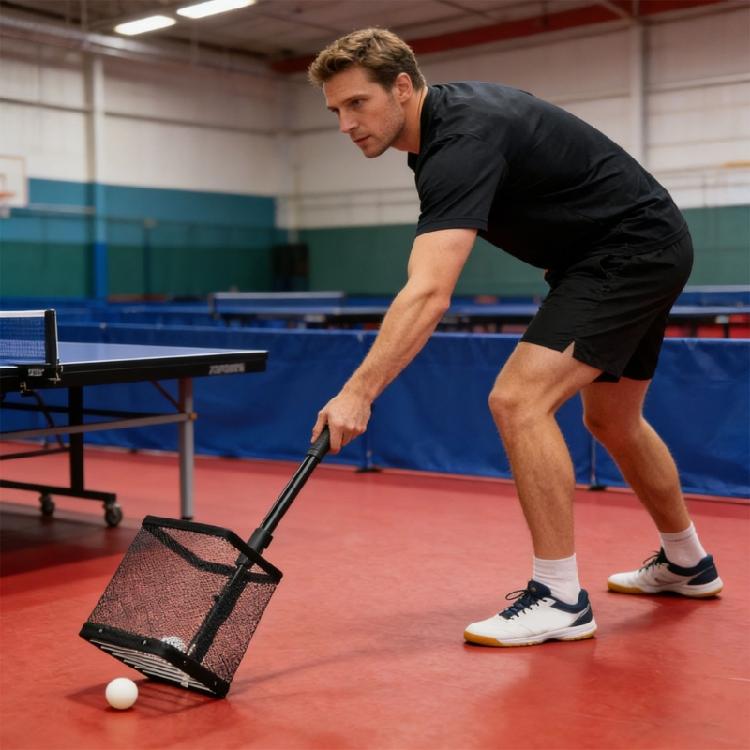 Einfach zu transportierendes, ausziebares Tischtennisballnetz zum mühelosen Aufsammeln auf Plätzen und Rasenflächen