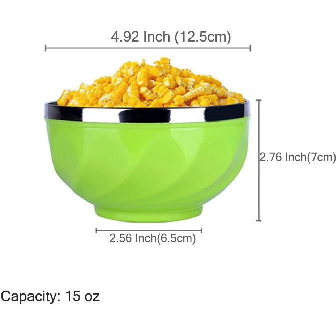 6 Pack Colorful Stainless Steel Bowls,4.92 Inch Double Walled 15 Oz Heat Insulation Anti-fall Anti-scalding Kids Rice,Soup,Noodles,Salad Bowl (15 Oz)