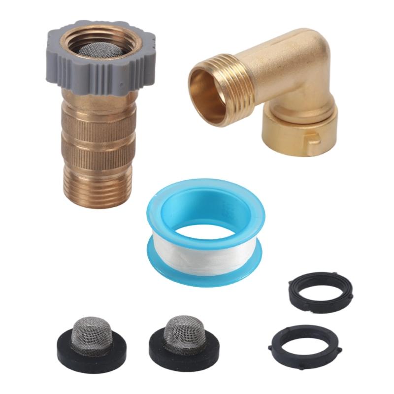 Brass Motorhome Water Pressure Regulator Kit with 3/4 Garden Hose Thread, 90 Degree Elbow Adapter, Seal Tape and Washer Accessories