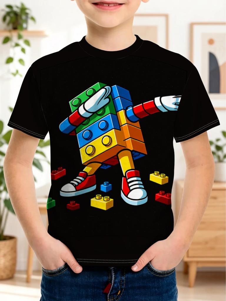 Children Black Crew Neck Tee Funny Dabbing Multicolor Building Brick Man Cartoon Block Toy Boys Summer Short Sleeve Top