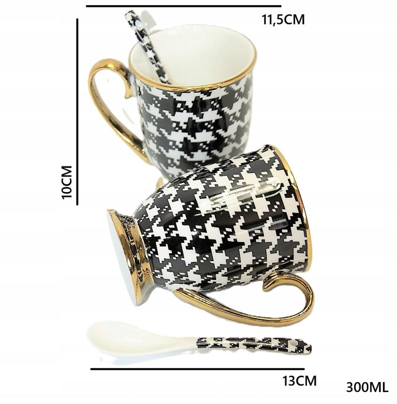 Porcelain Mugs with Spoons Set In a Gift Box Houndstooth Collection