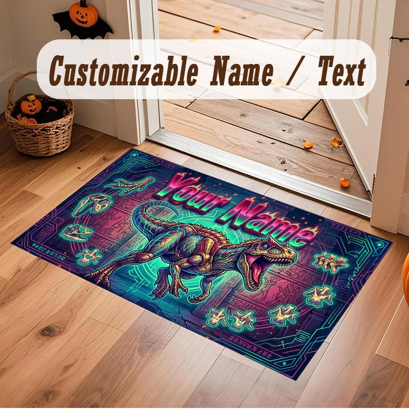 Dinosaur Theme Soft Crystal Velvet Rug Custom Name & Text Print Non Slip Floor Rug for Bedroom Living Room
