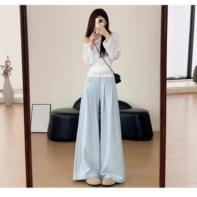 Womens High Waist Wide Leg Trousers Thin Ice Silk Loose Casual Pants