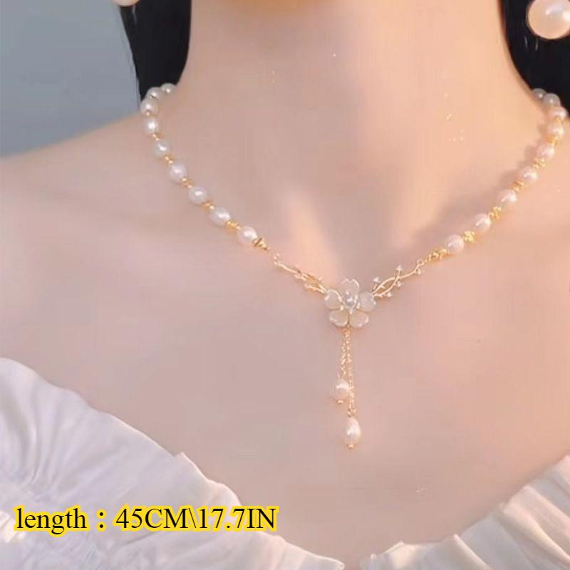 Women's Fashionable Pearl Pendant Necklace, Chinese Style Camellia Pendant with Pearl Tassels, Elegant Collarbone Chain, New Fashion Accessory,