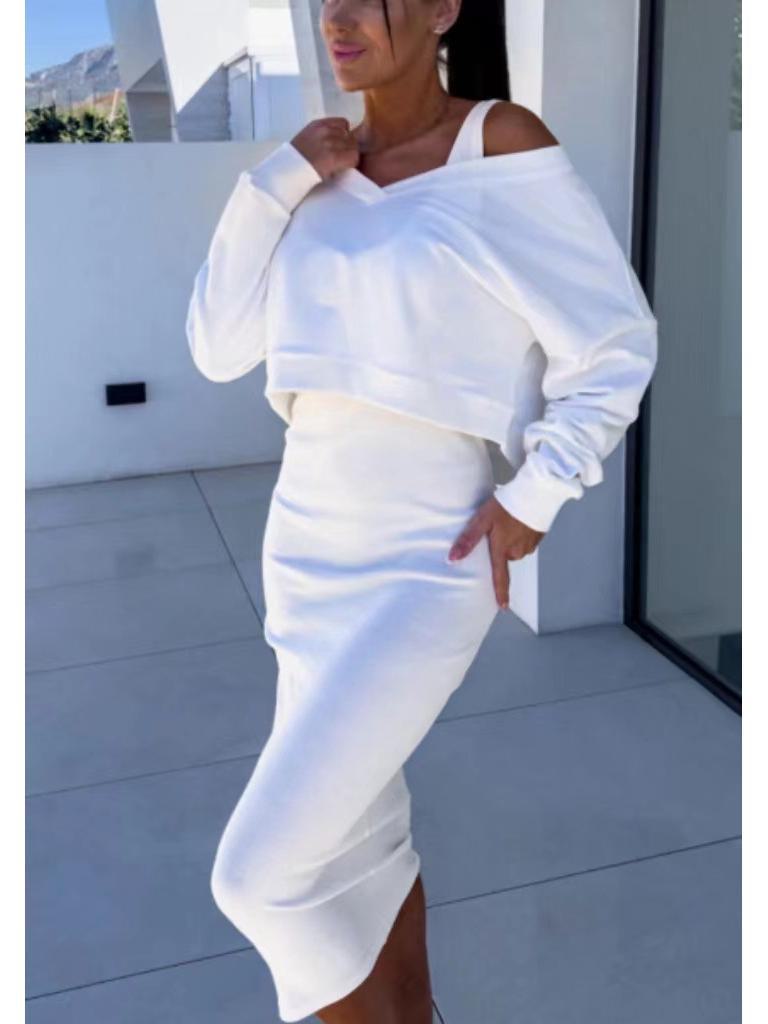 

Европейский и американский женский костюм из двух частей: жилет, юбка и свитер с V-образным вырезом на весну и осень XL белый