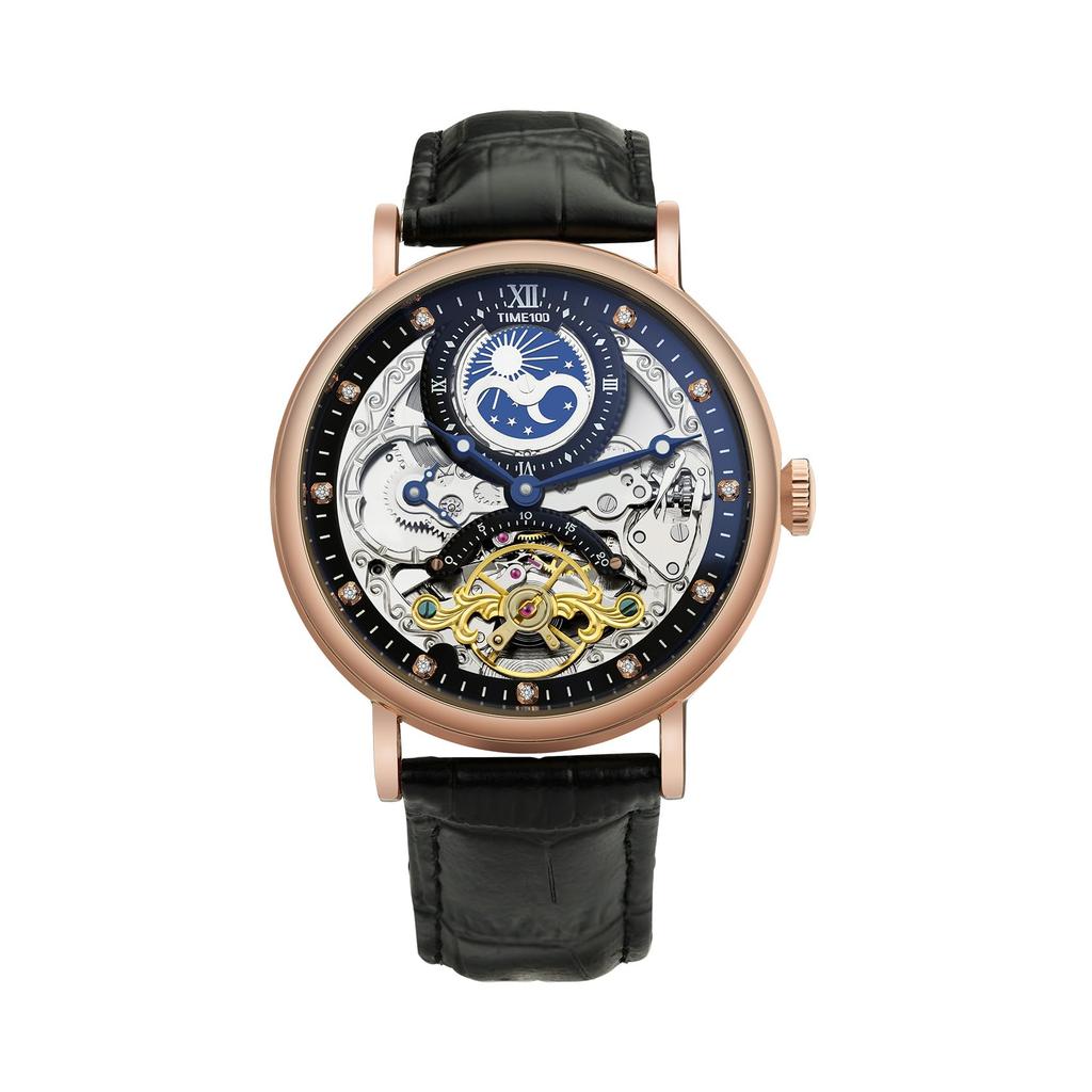 TIME100 Luxury Automatic Skeleton Watch with Stainless Steel and Genuine Leather 50M Water Resistance Men's Strap, (Rosemary Gold)
