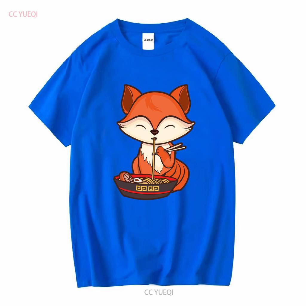 Fox Eating Ramen Kawaii T Shirt Japanese Cute Lovely Long or Short Sleeves Vintage Washed Unisex Casual Slightly Versatile