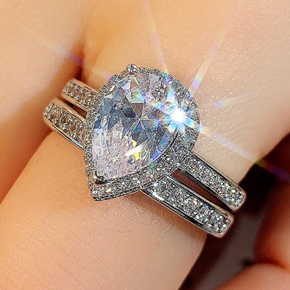 Copper-Plated Champagne Gold Set Ring, Women'S Pair Ring, Single-Row Micro-Inlaid With Water Droplets, Zircon Combination Ring Accessories.