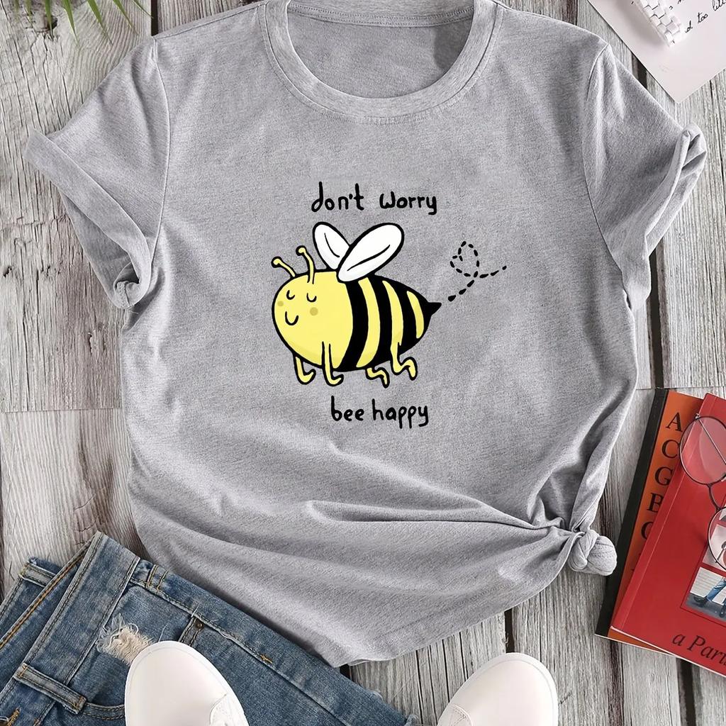Cartoon Bee Print Crew Neck Casual Short Sleeve for Spring Summer Womens Clothing Summer Short Sleeved Harajuku Streetwear