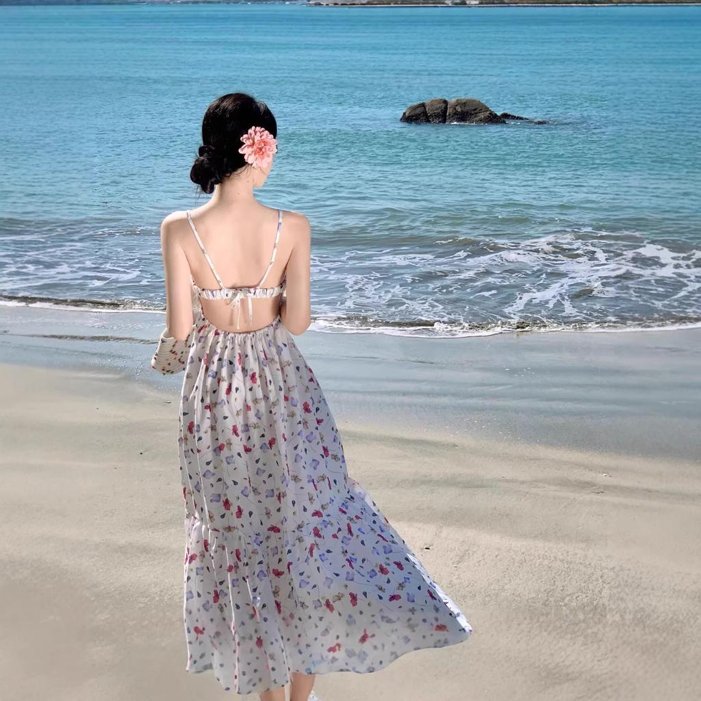 Temperament French Retro Suspender Photo Dress Waist and Thin Travel Wear Sanya Seaside Vacation Beach Dress