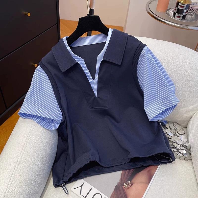 Premium POLO Collar Striped Fake Two Piece Short Sleeved T-shirt for Women's Summer Loose Commuting Versatile Top
