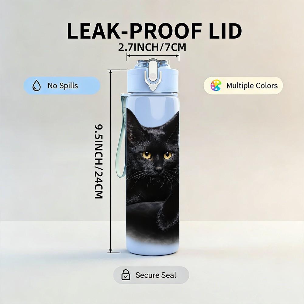 1PC Black Cat Moon Night Simple Art Print 750ml Color Plastic Sports Water Bottle Leakproof Flip Straw Lid Suitable for Sports Office Home Use
