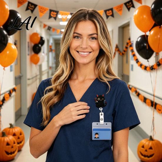 Acrylic Name Tag Holder Halloween Black Cat Pumpkin Badge Reel Retractable with 360 Degree Rotating Clip Clip Decorative Reel for ID Card And Nurse
