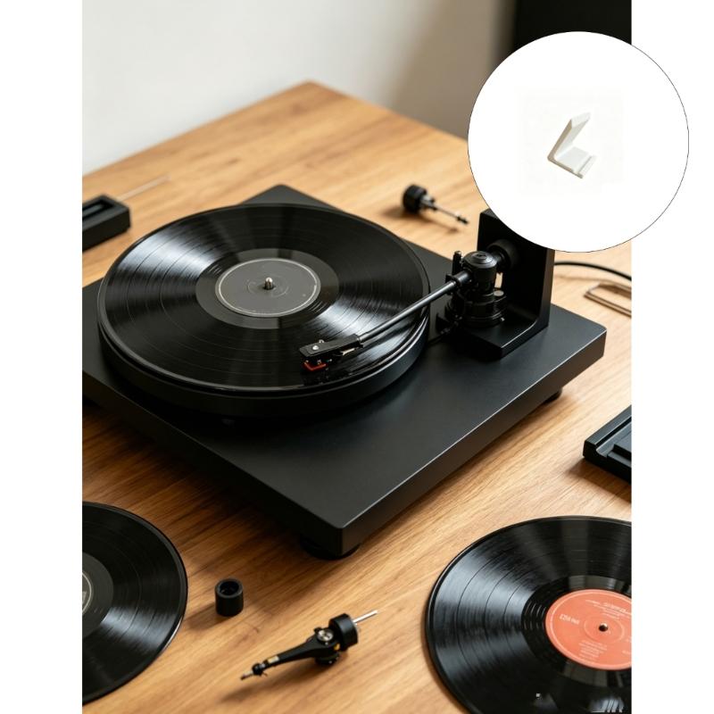 Record Shelf Display Stand with L Shaped Support and Front Stops Media Corners for Desktop Record Player Placement