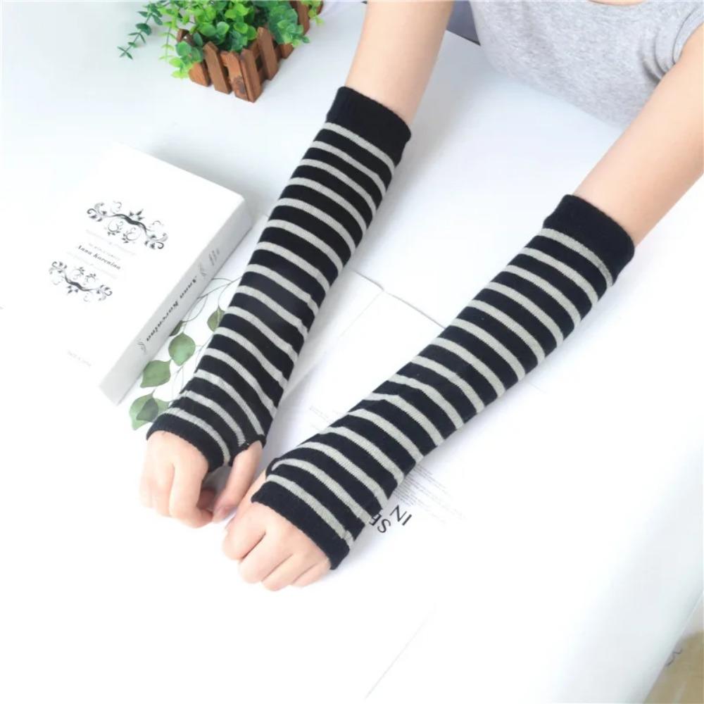 Men Women Winter Warm Long Sleeves Fingerless Gloves, Stripe Hip-Hop Knitted Elbow Mittens, Elastic Outdoor Arm Warmer Mitts
