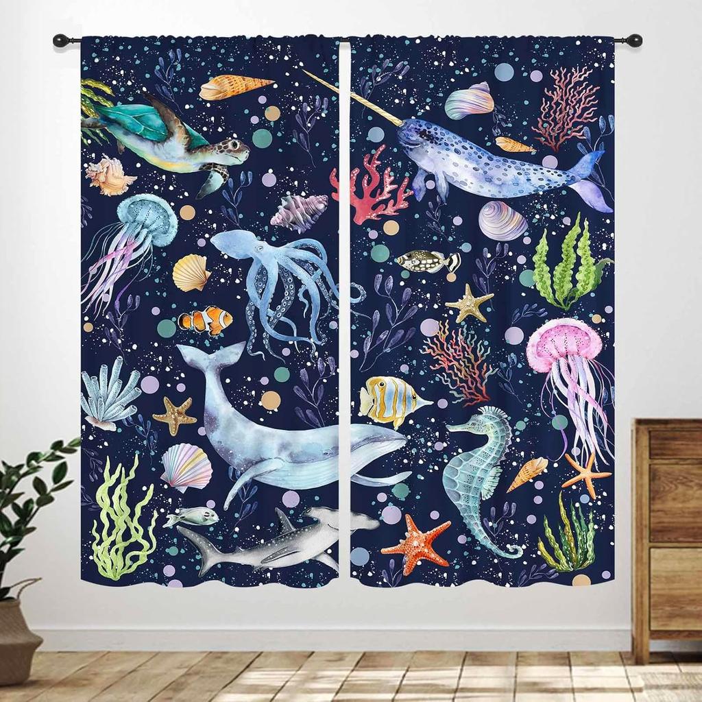 Blue Curtains Kids Room Cartoon Underwater Animals Sharks Turtles Nature Marine Plants Window Drapery Treatments Curtain Polyester Washable Children's