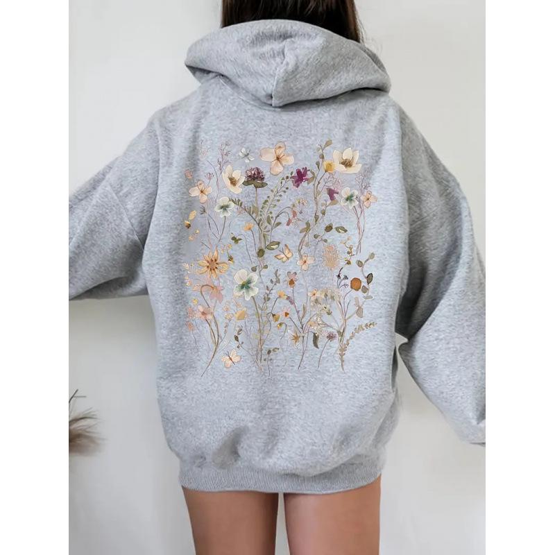 2025 Trendy Floral Print Loose Plus Size Pullover Hoodie Sweatshirt